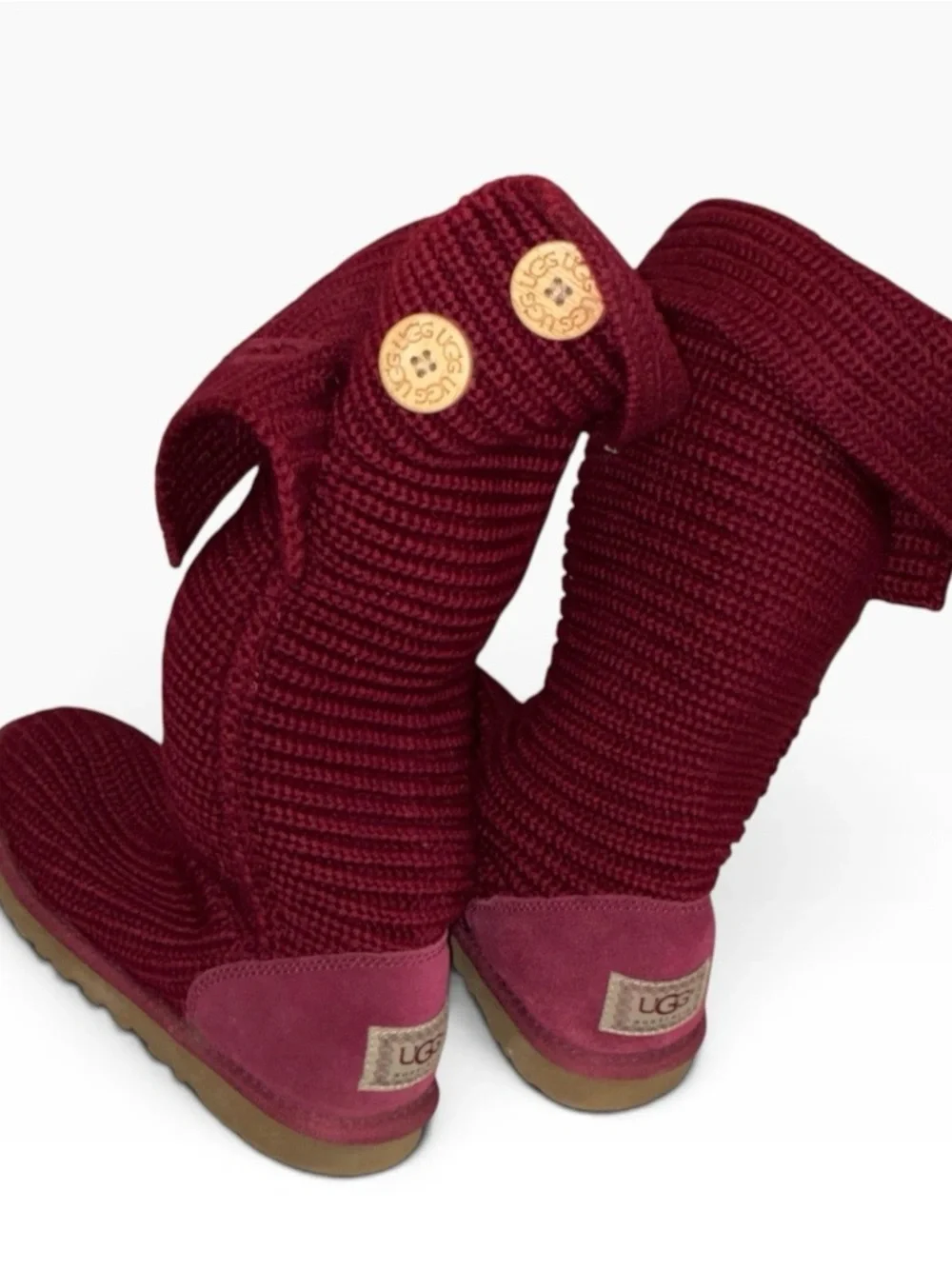 UGG Cardy Knit Boots Womens Burgundy Red Button Tall High Sz 8